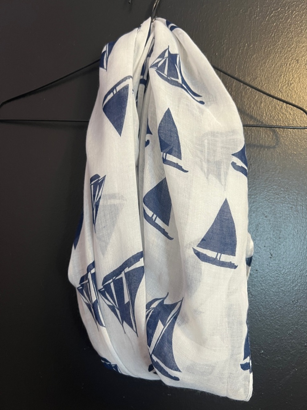 White Scarf with Navy Sailboat Print
